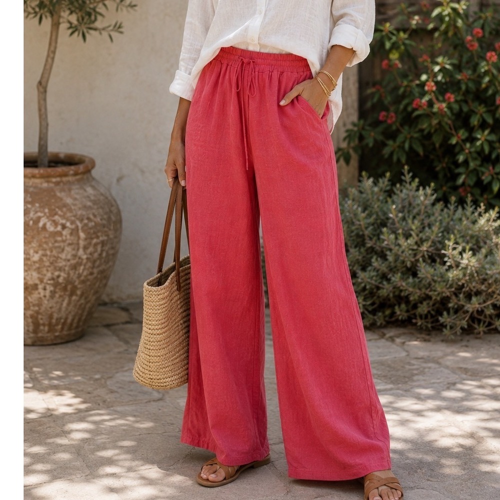 Stella Luce Linen Blend Wide Leg Drawstring Pants Womens XL Coral